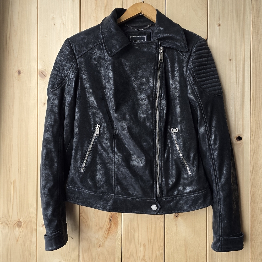 Guess Bora Black Faux Leather Biker Jacket Womens Medium